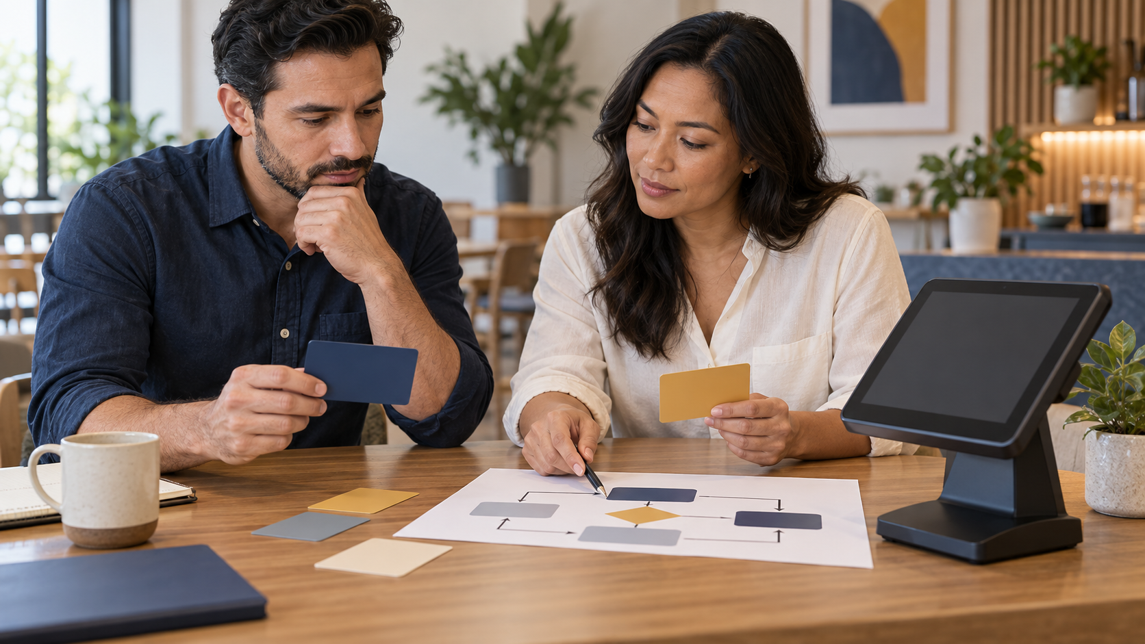 Restaurant operations leaders reviewing a neutral payment-risk checklist beside an unbranded point-of-sale terminal