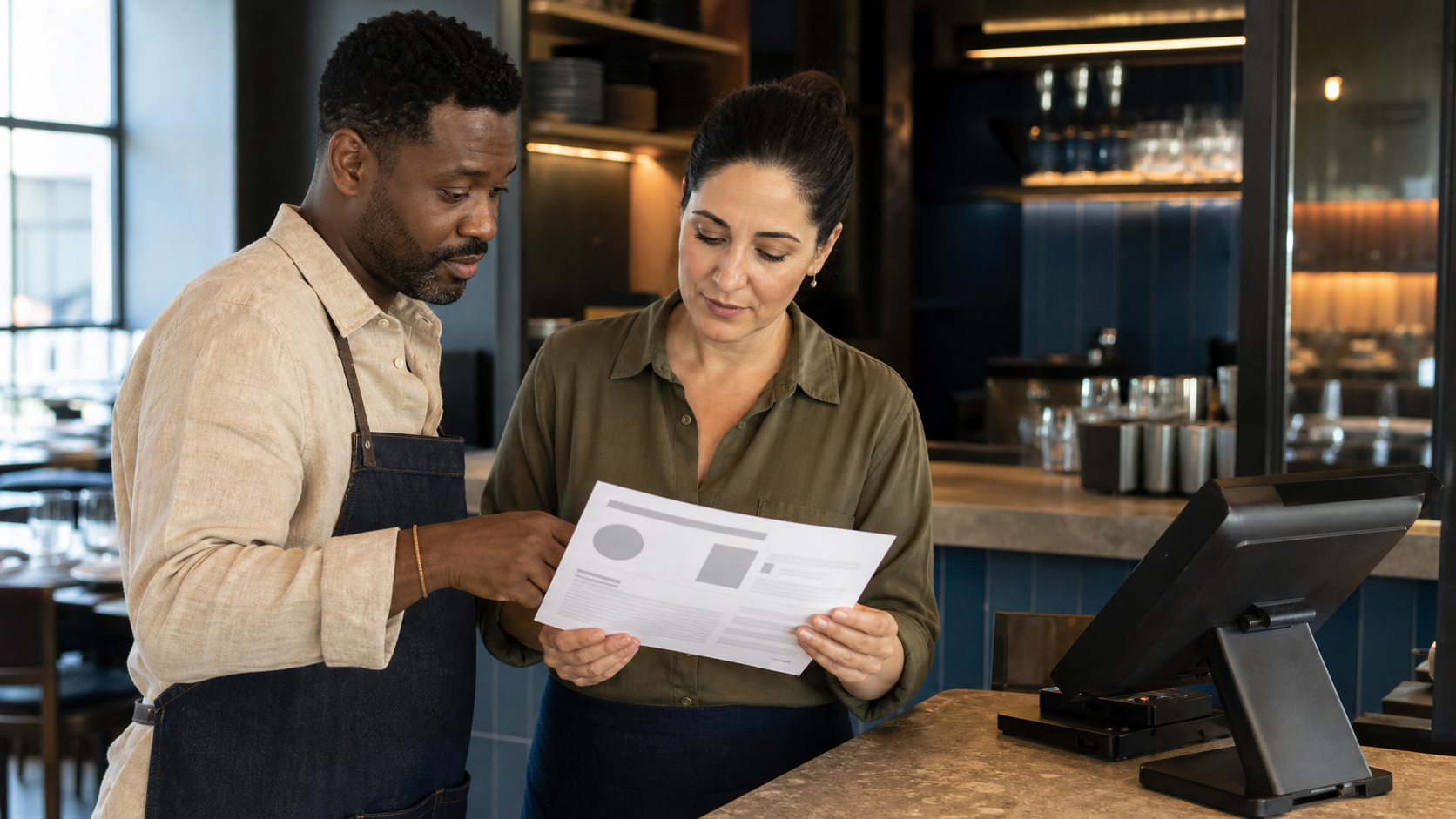 Restaurant decision-makers reviewing an abstract pricing-rule sheet beside an unbranded touchscreen terminal