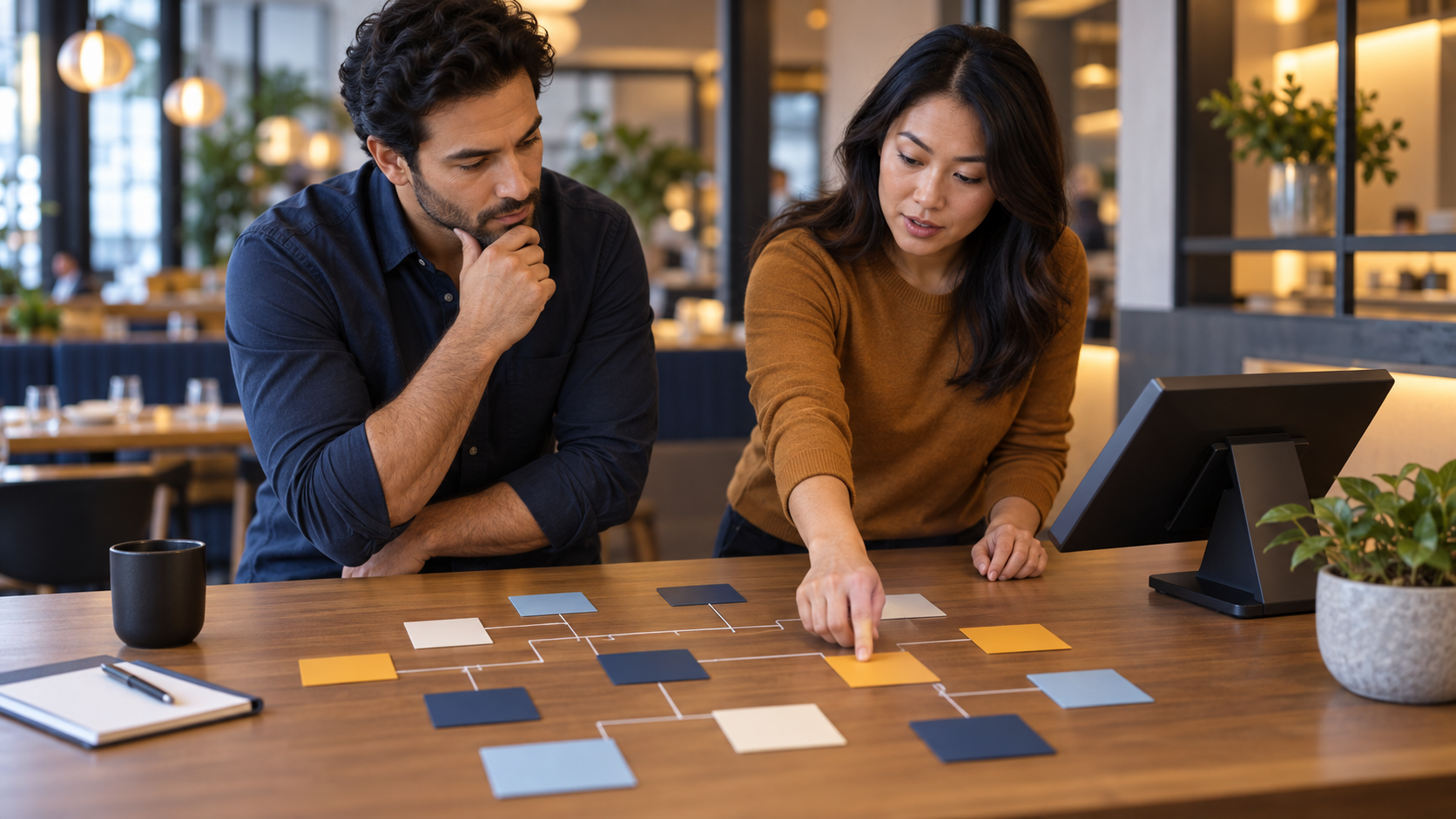 Restaurant leaders reviewing a neutral integration ownership map beside an unbranded terminal