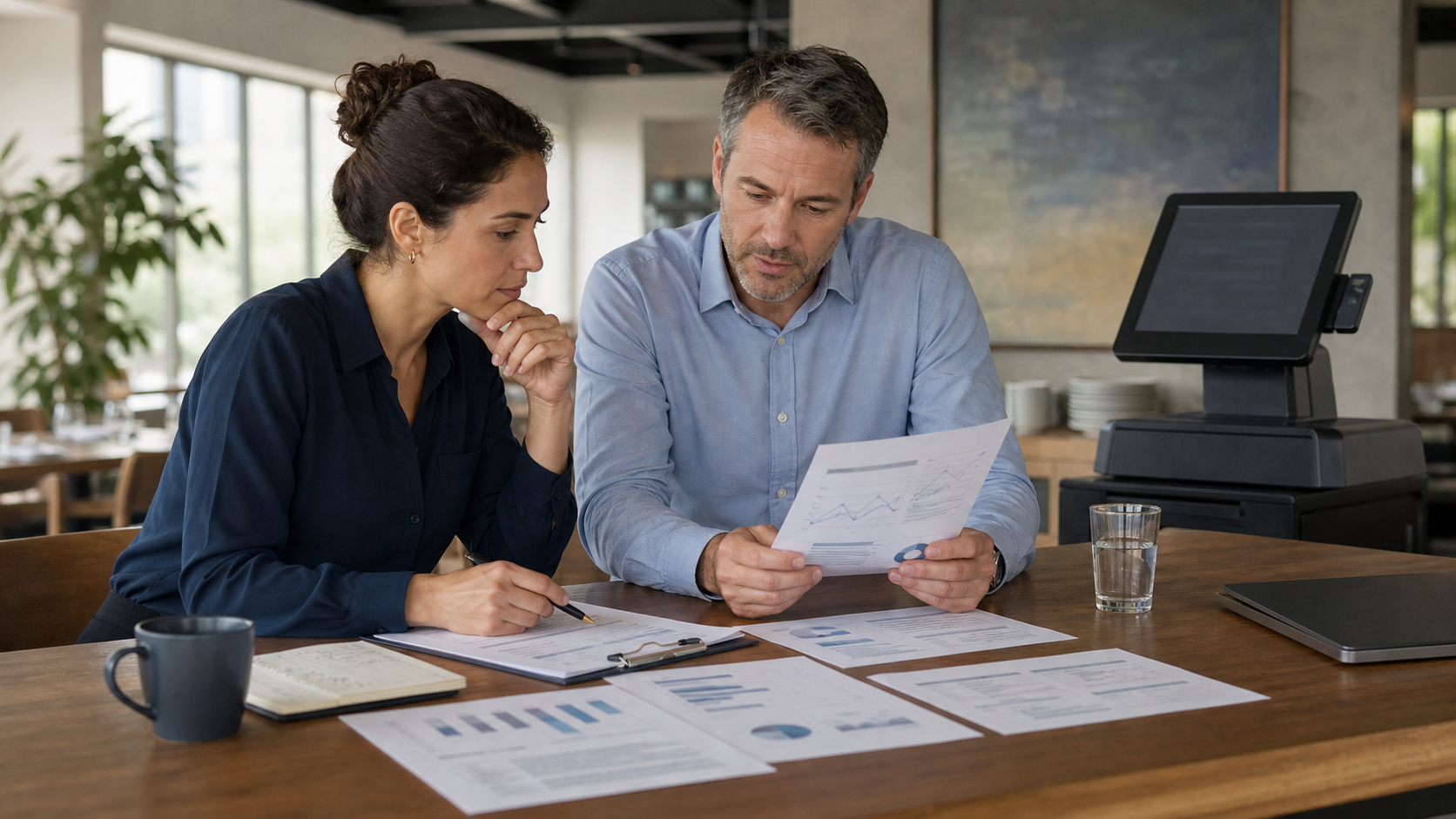 Restaurant buyer and finance leader reviewing abstract cost charts beside an unbranded POS terminal