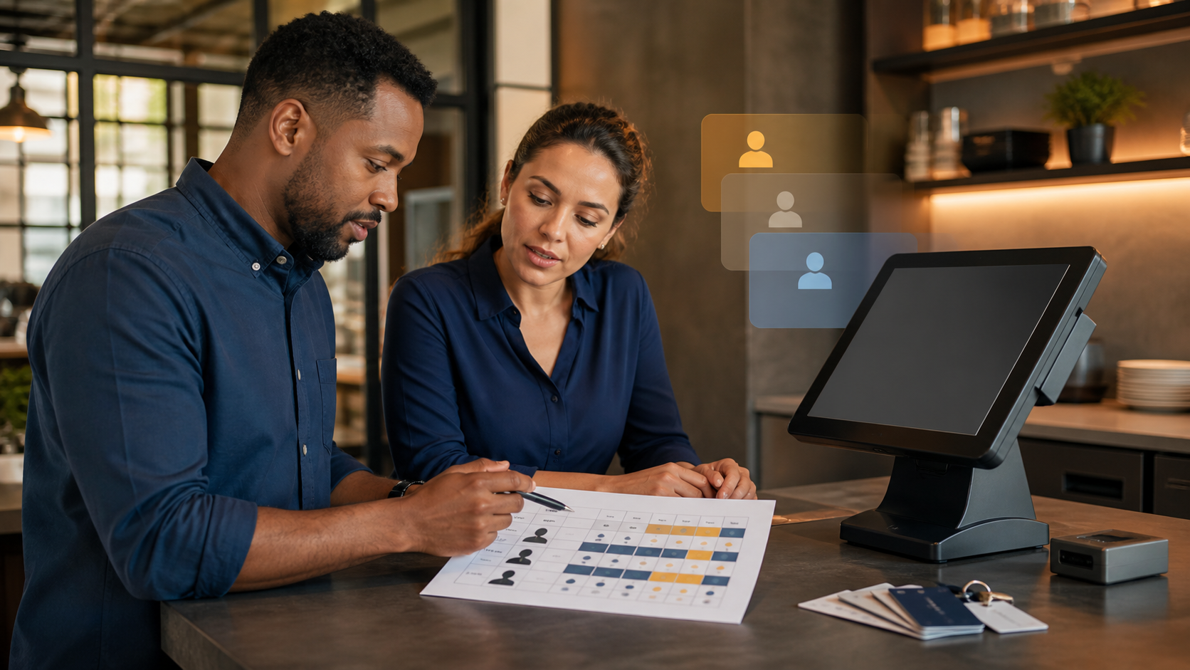Restaurant operations leaders reviewing an abstract role-permission matrix beside an unbranded touchscreen terminal