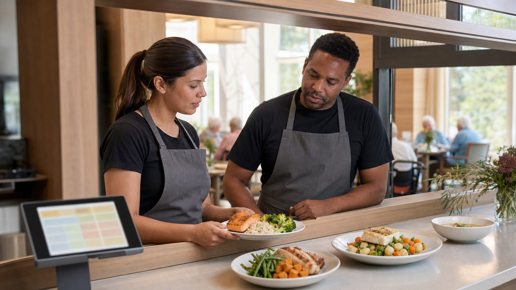 Senior living dining staff reviewing plated meals beside a generic order screen